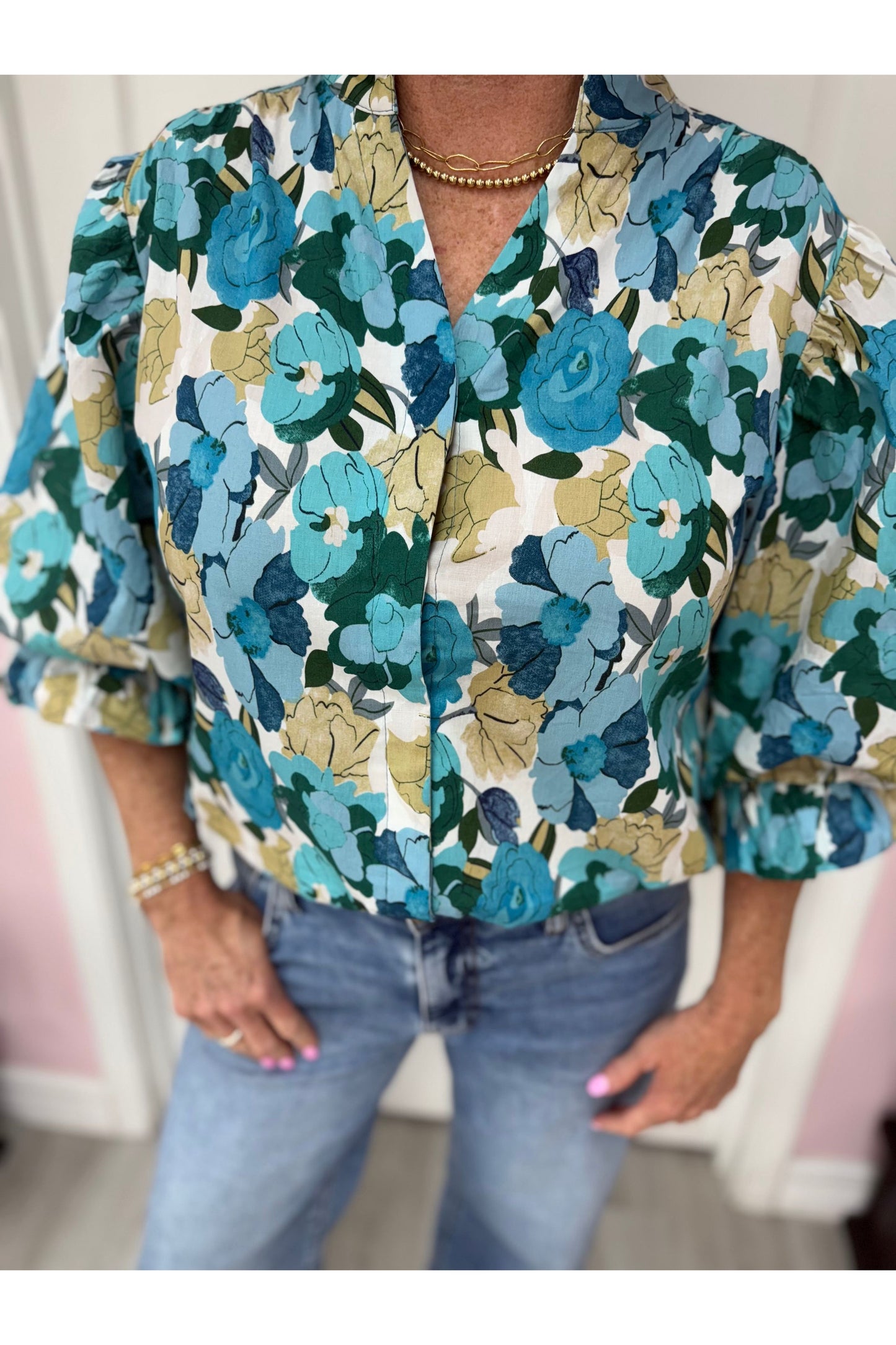 Shades Of Blue Floral Print Blouse