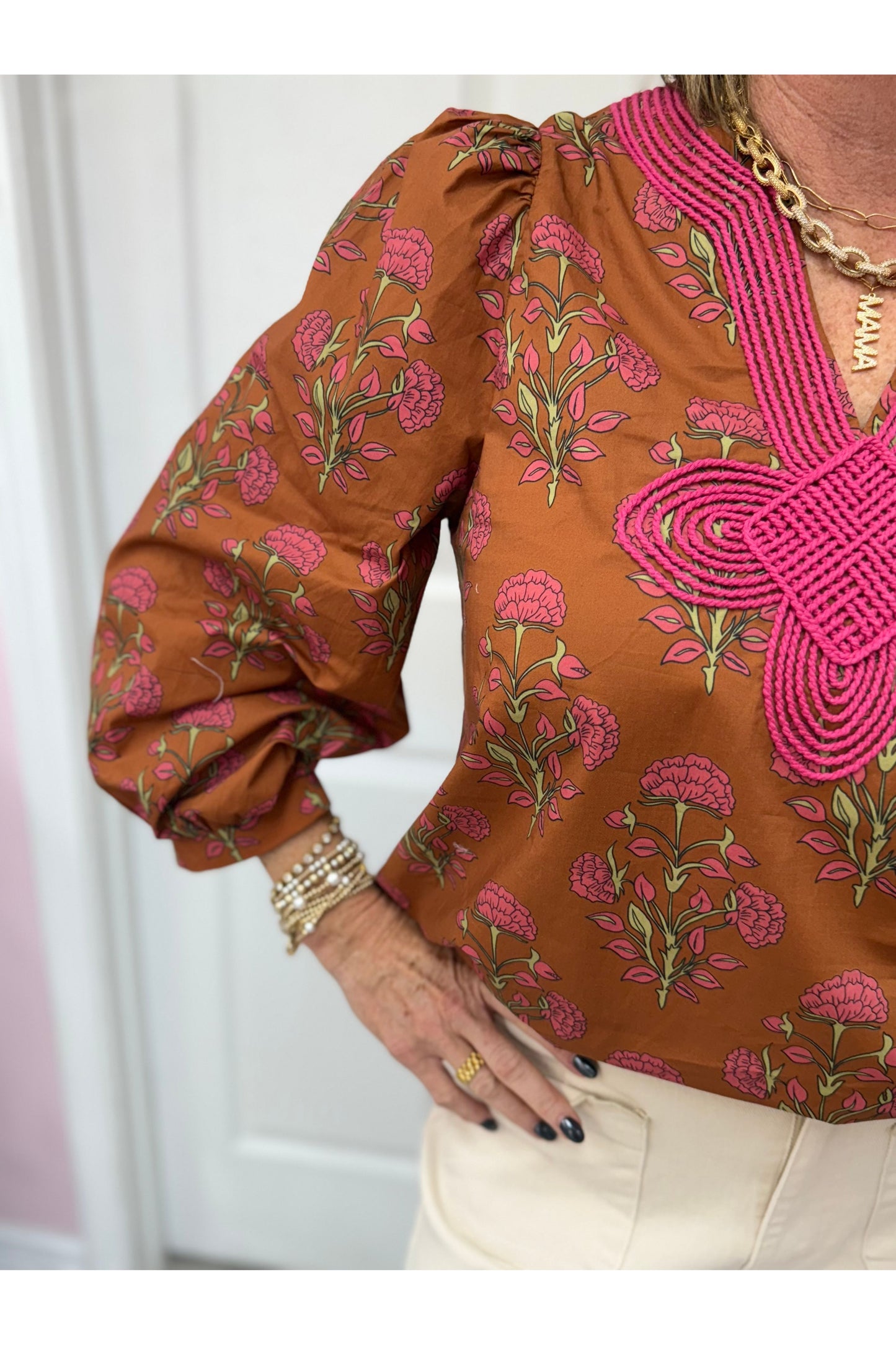 Sammie Floral Print Puff Sleeve with Embroidered Knot