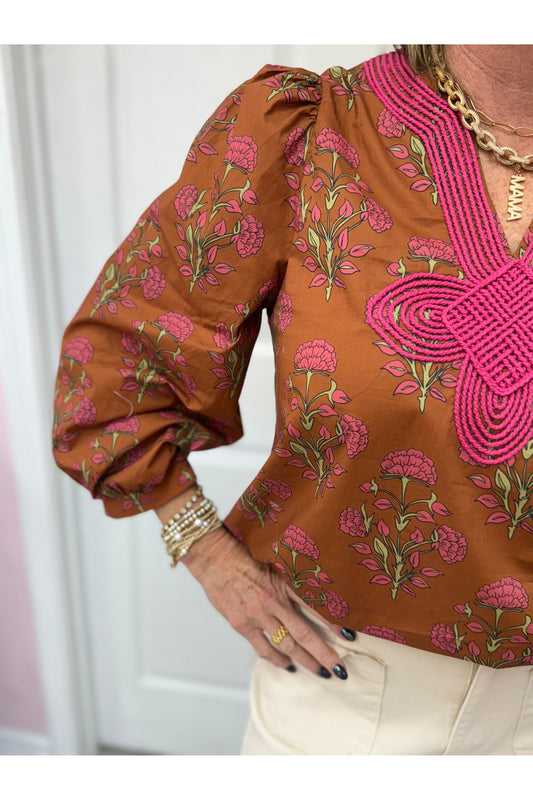 Sammie Floral Print Puff Sleeve with Embroidered Knot