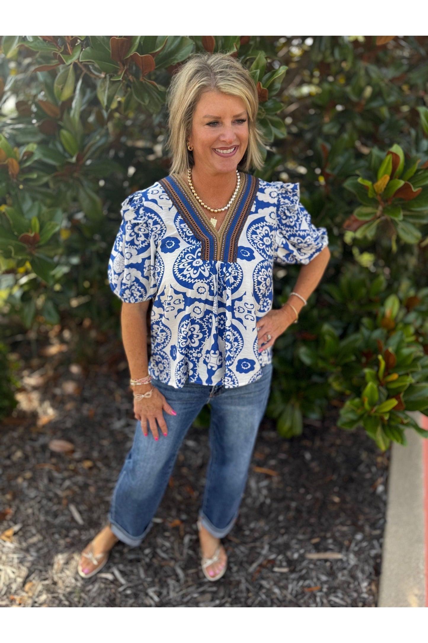 Melanie Royal Patterned Blouse w/Brown Trim