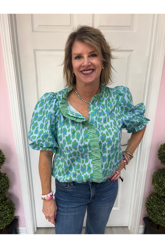 Laurie Leopard Print Puff w/Gingham Trim