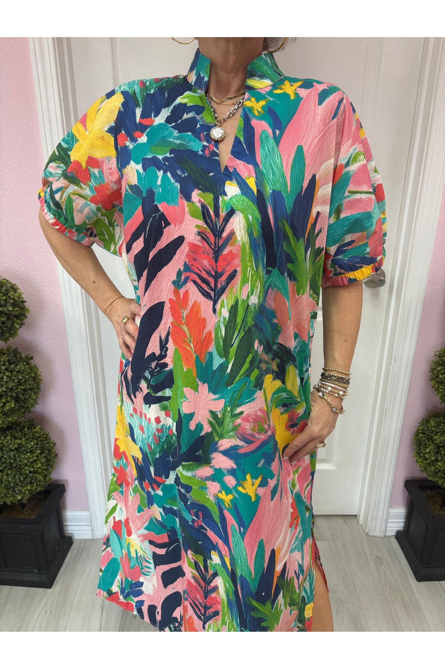 Coral Combo Short Sleeve Midi Dress