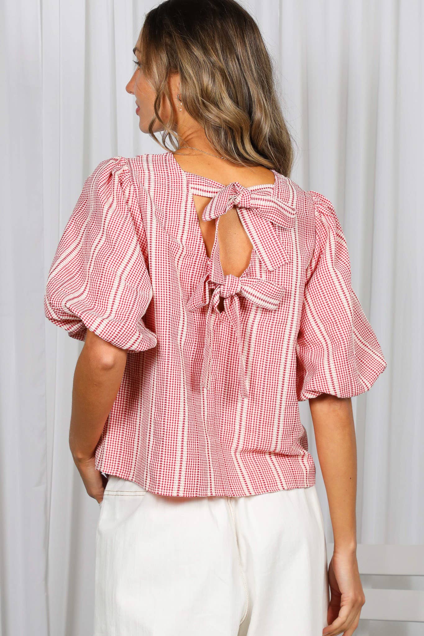 Bow Accent Feminine Plaid Blouse