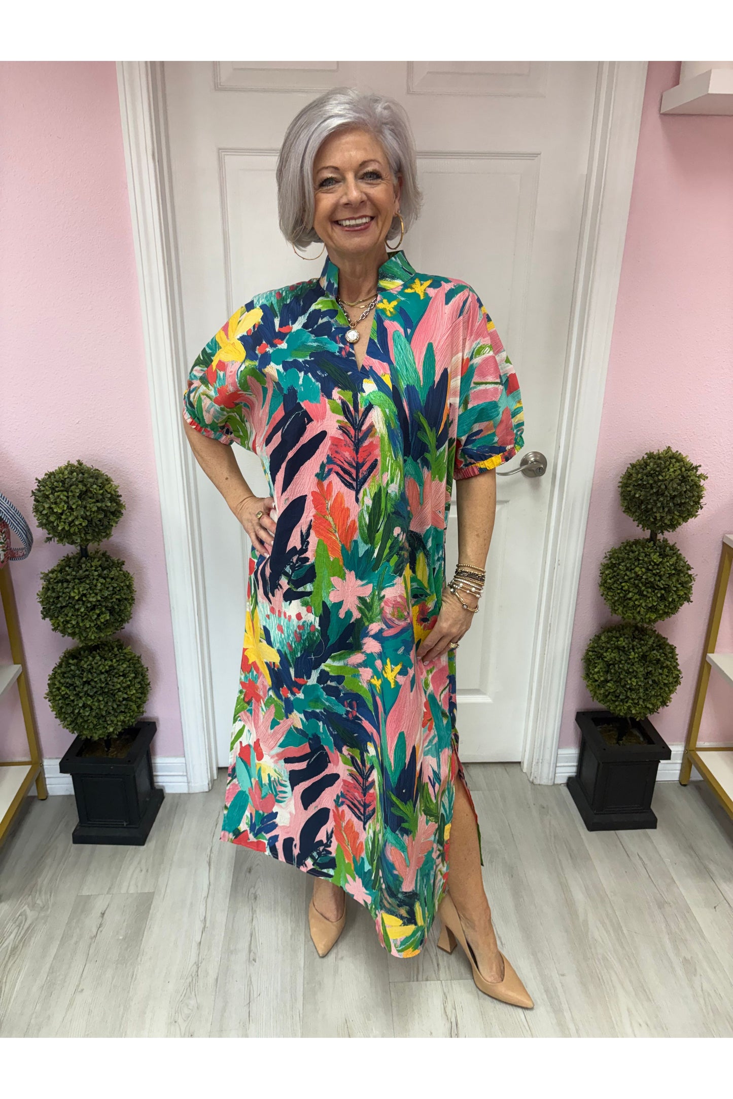 Coral Combo Short Sleeve Midi Dress