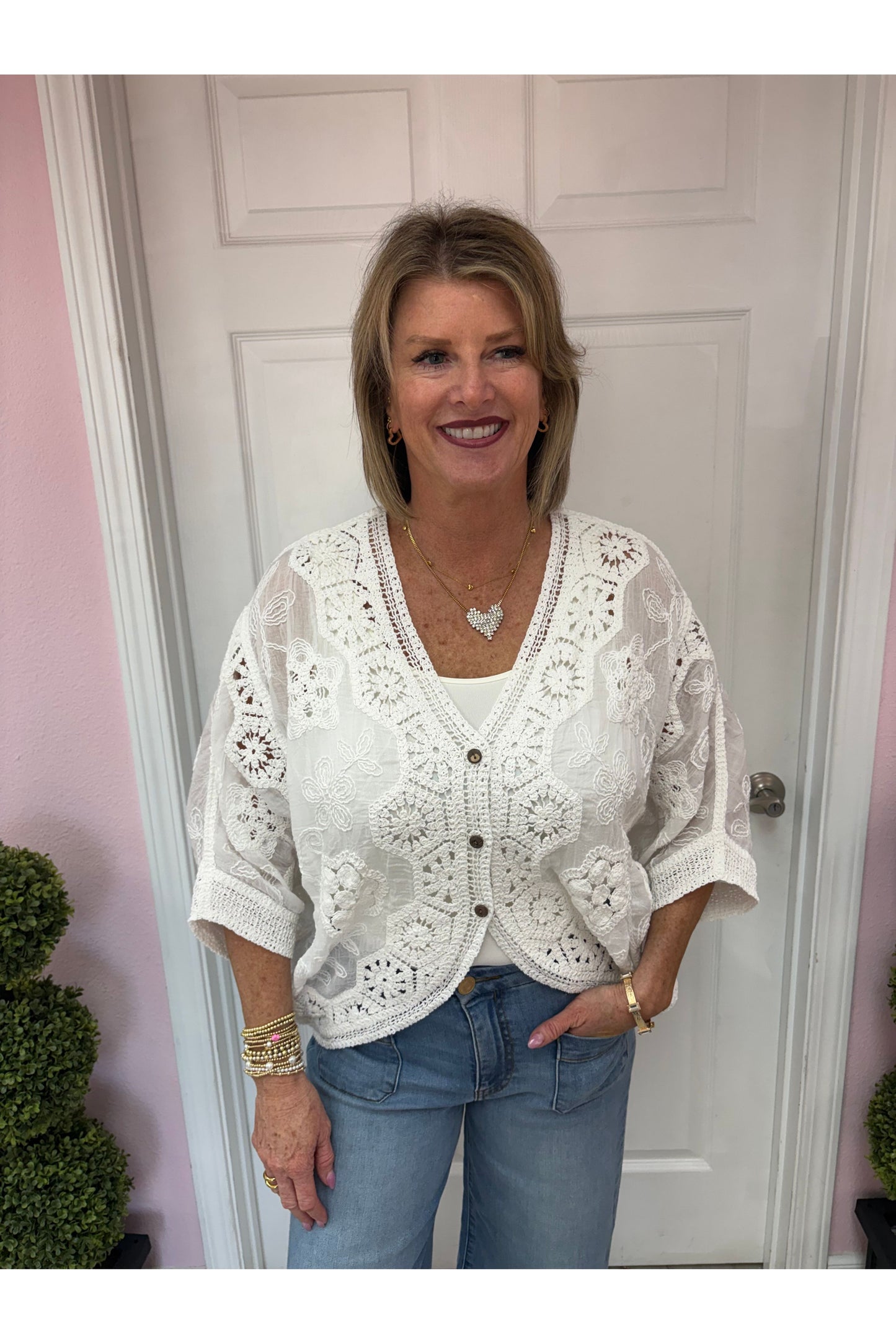 Dolman Sleeve Crochet Button Front Duster