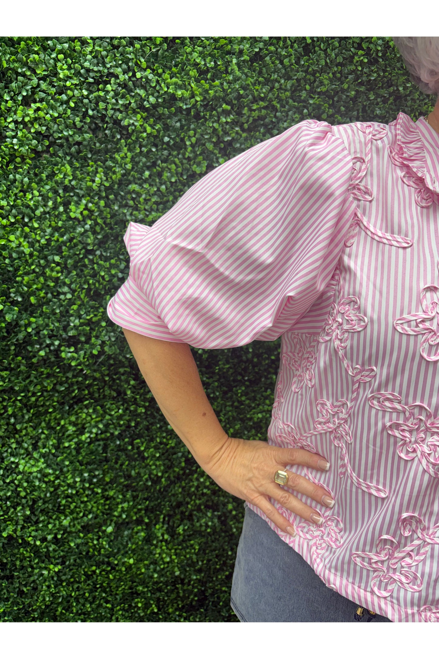 Puff Sleeve Blouse With Ruffle Neck Self-Fabric Cords Detail