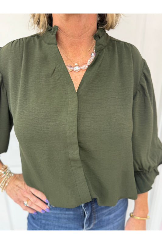 3/4 Sleeve Gathered Balloon Sleeve Blouse