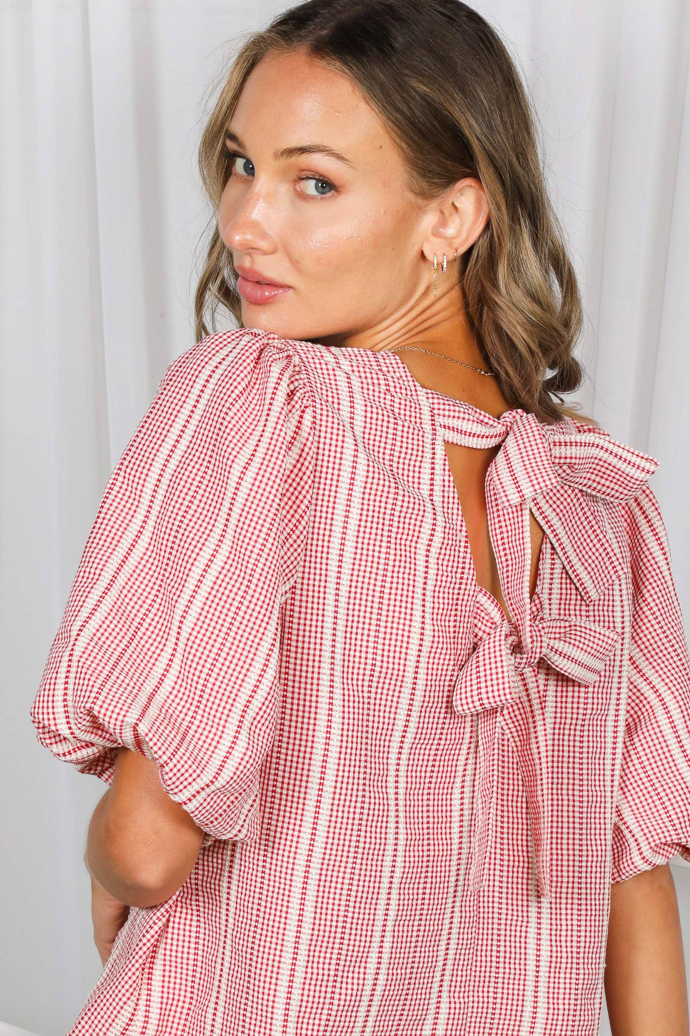 Bow Accent Feminine Plaid Blouse