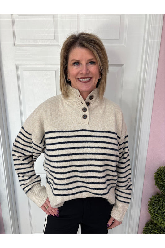 Brushed Striped Half Button Up Sweater