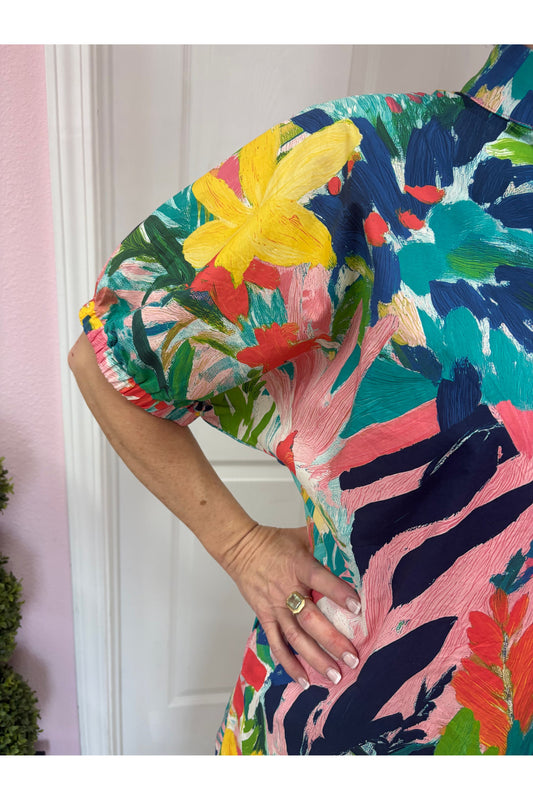 Coral Combo Short Sleeve Midi Dress