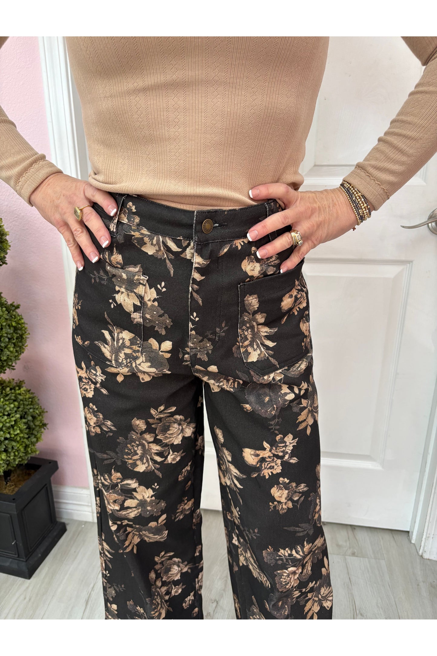 Black Floral Pattern Pants