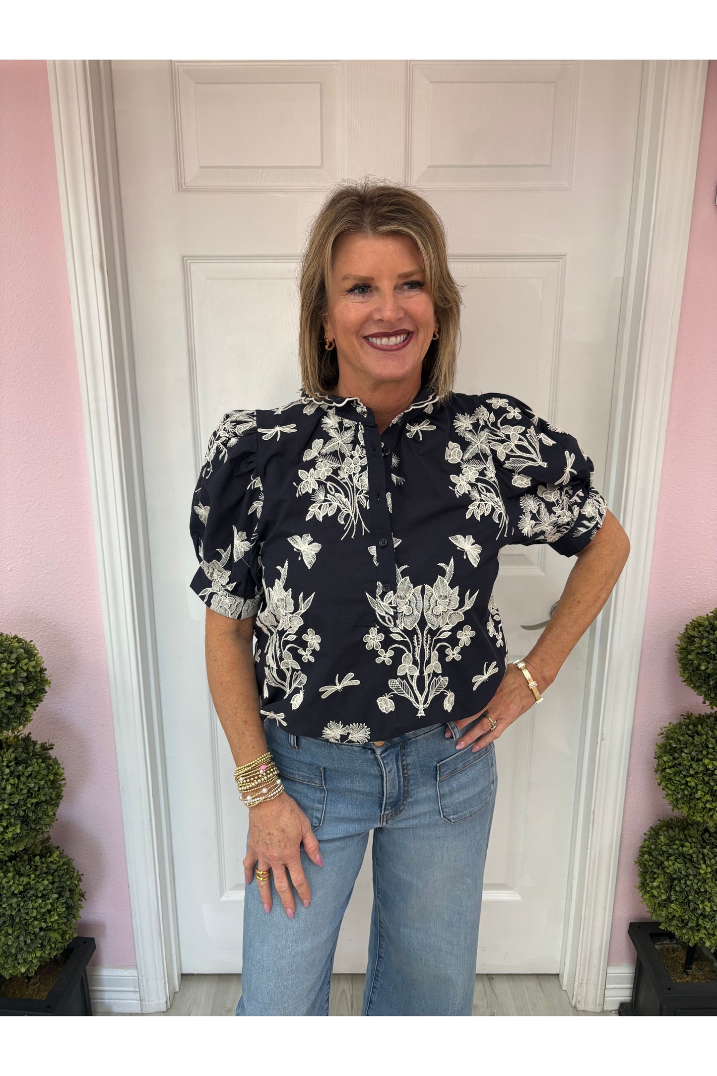 Grace Double Ruffle Embroidered Blouse