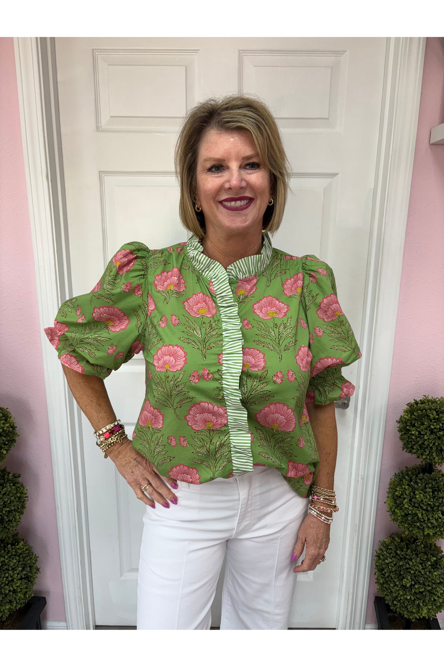 Brielle Floral Puff Sleeve Top with Striped Accents