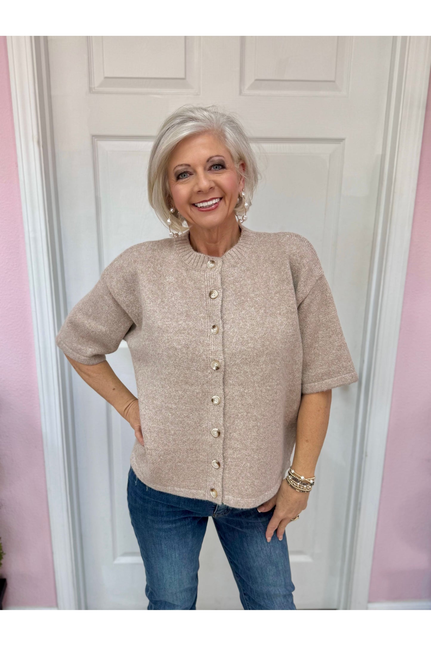 Brushed Half-Sleeve Button Up Sweater