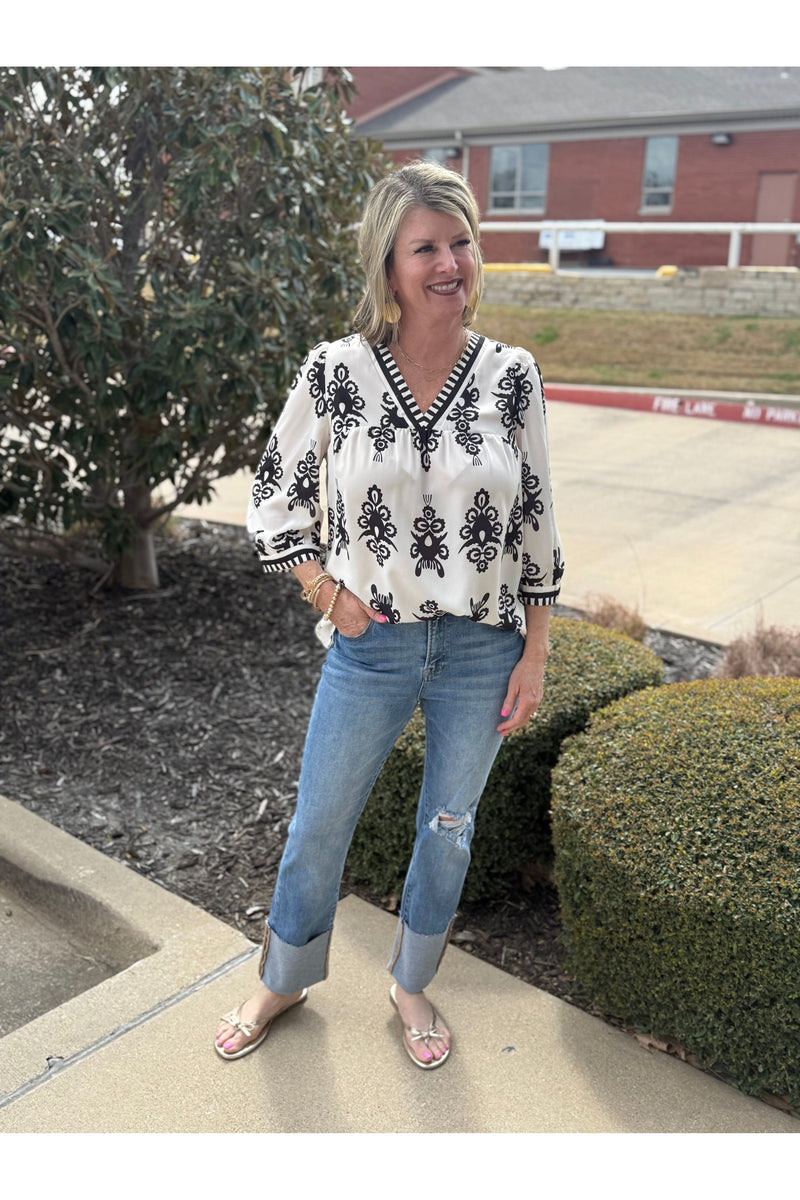 Vintage Geometric Printed 3/4 Sleeve V Neck Blouse