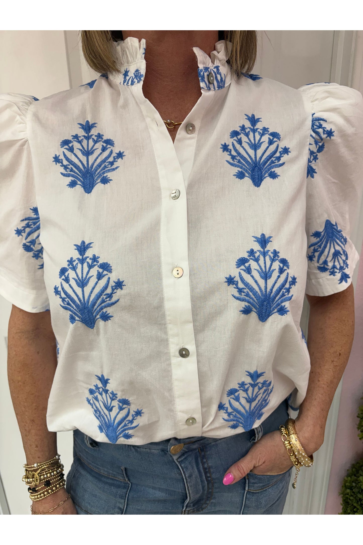 Bouquet Embroidered Button Up Blouse