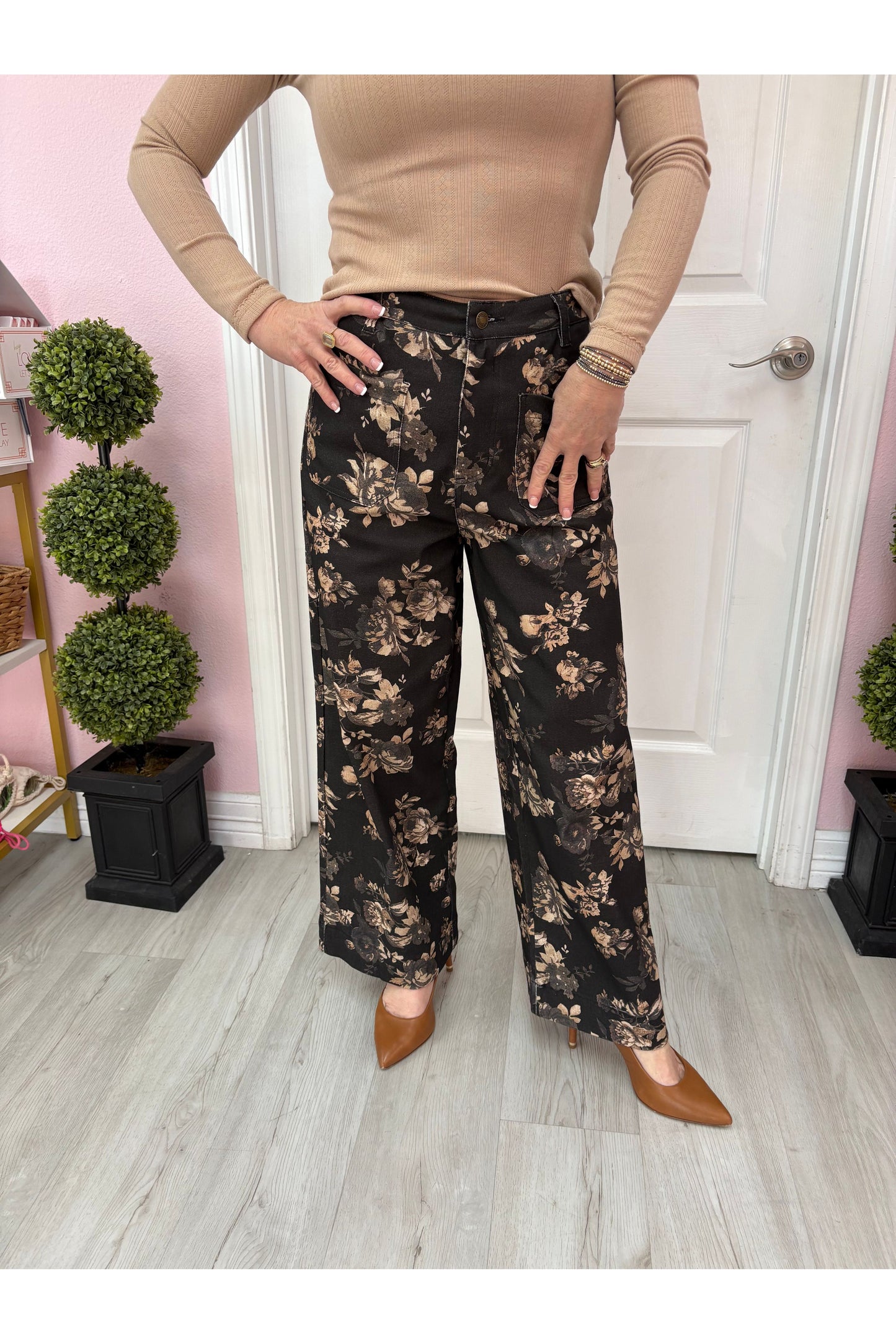 Black Floral Pattern Pants