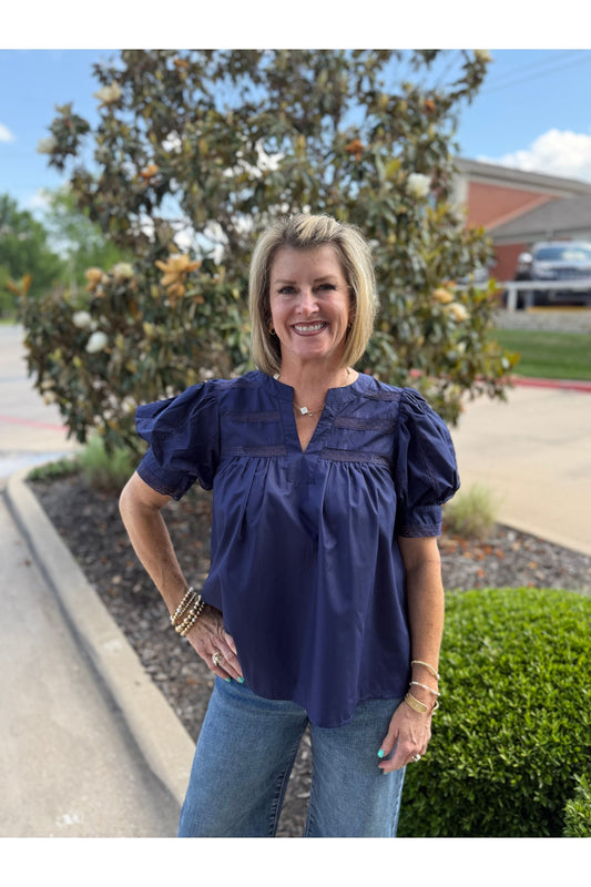 Navy Vneck Puff Sleeve