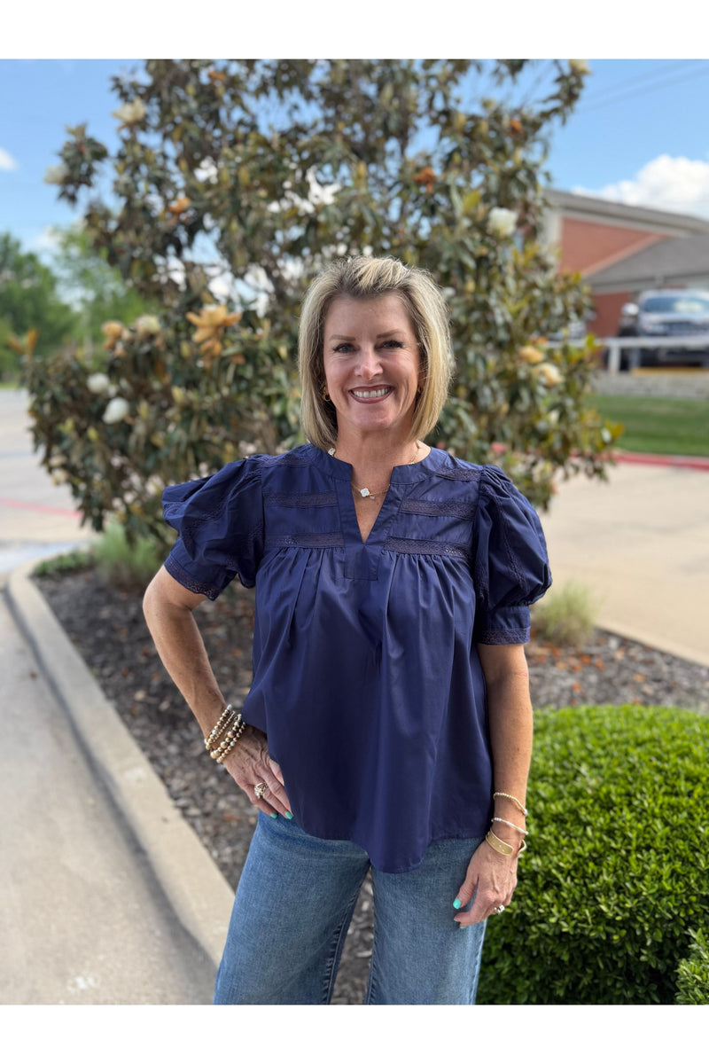 Navy Vneck Puff Sleeve