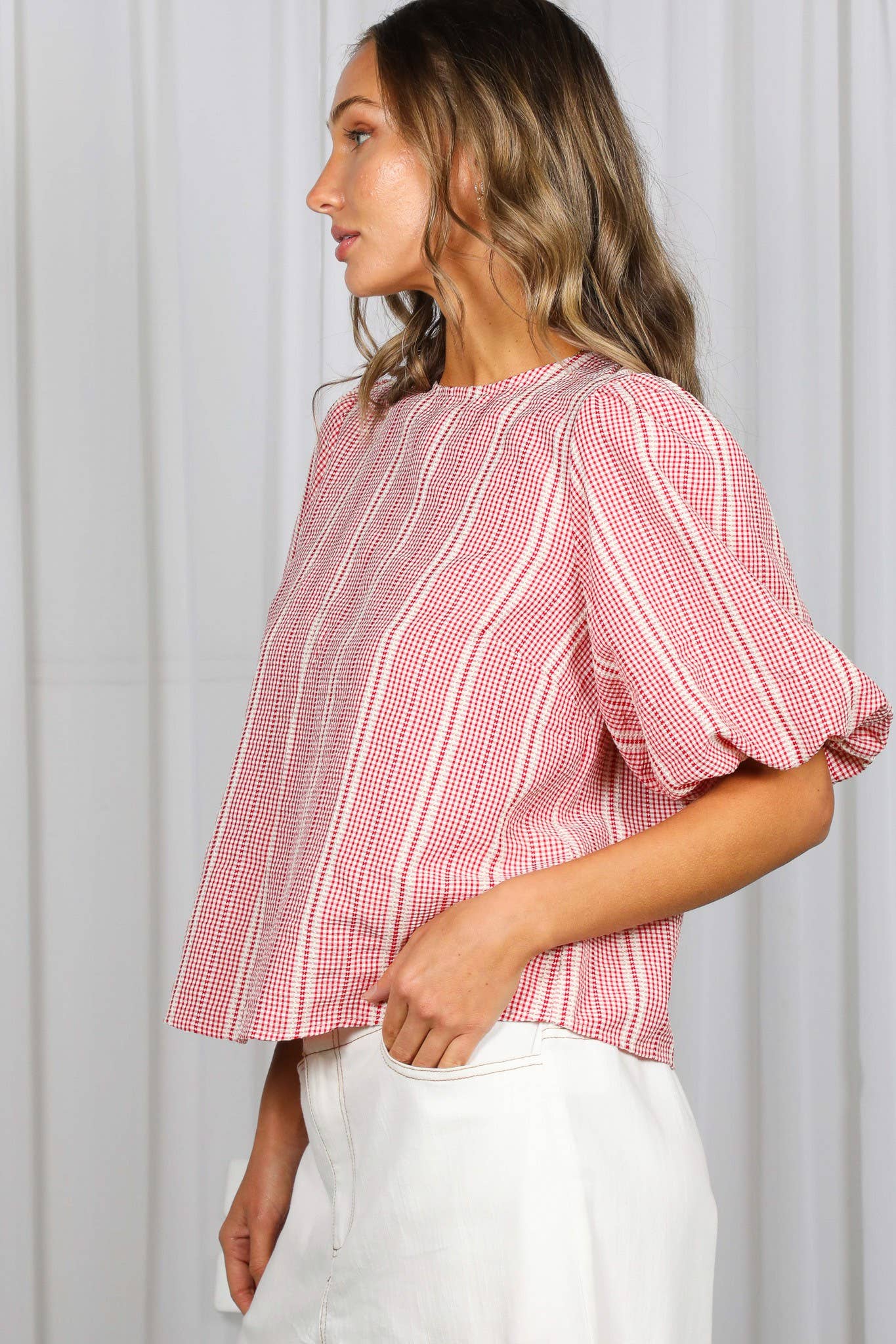 Bow Accent Feminine Plaid Blouse