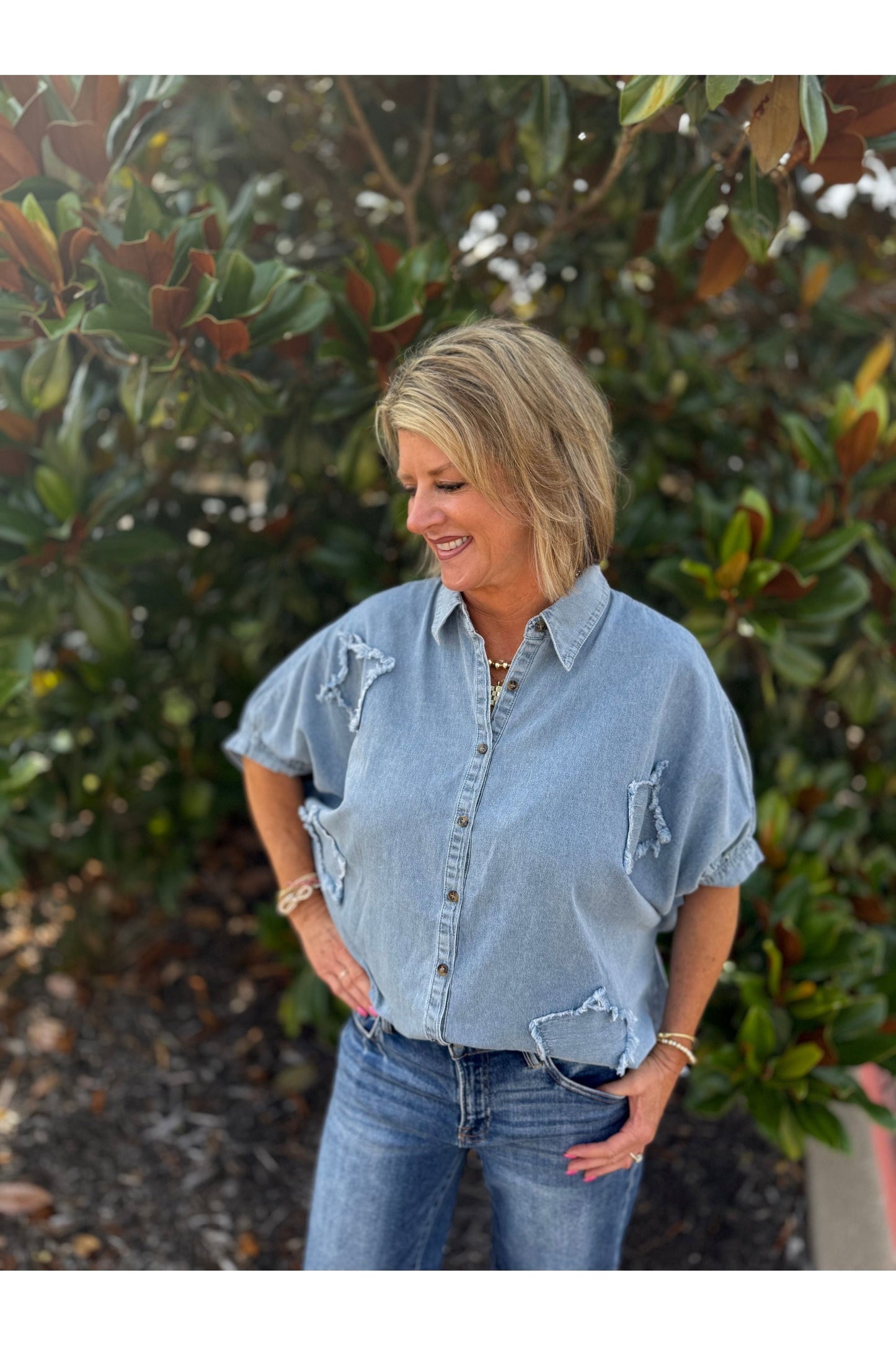 Chambray Frayed Star Button Up Top