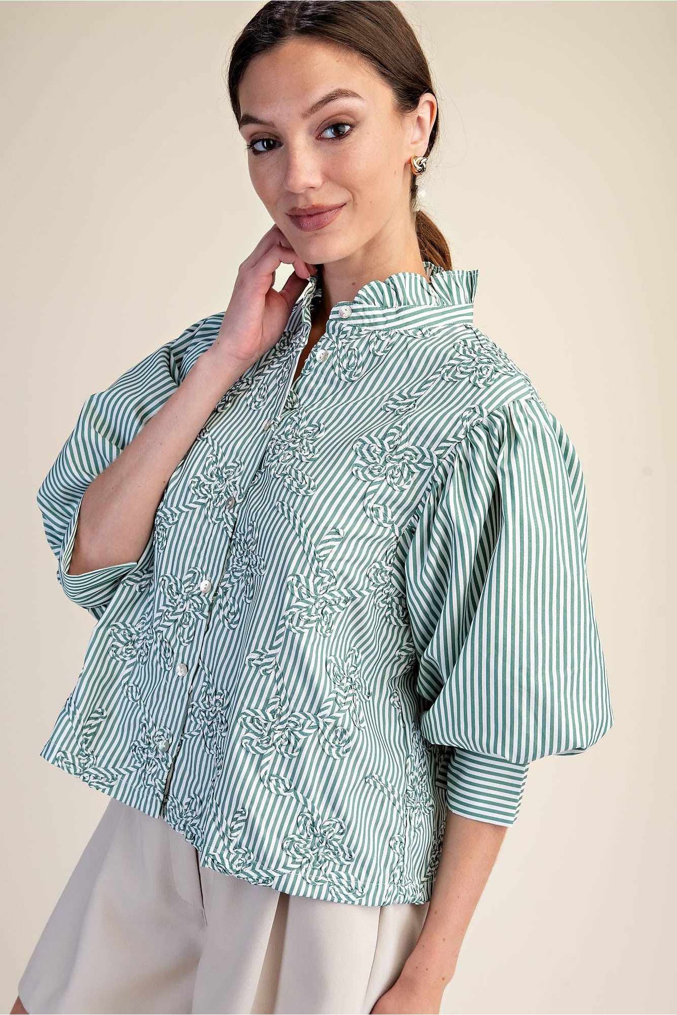 Puff Sleeve Blouse With Ruffle Neck Self-Fabric Cords Detail