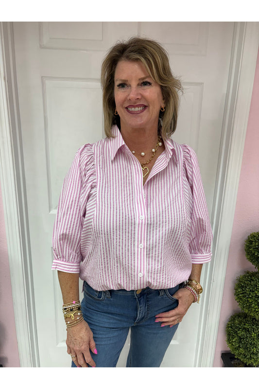 Pink Striped Puff Sleeve