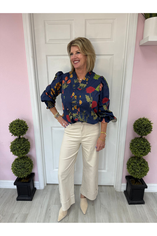 Midnight Ruffle Trim Floral Blouse