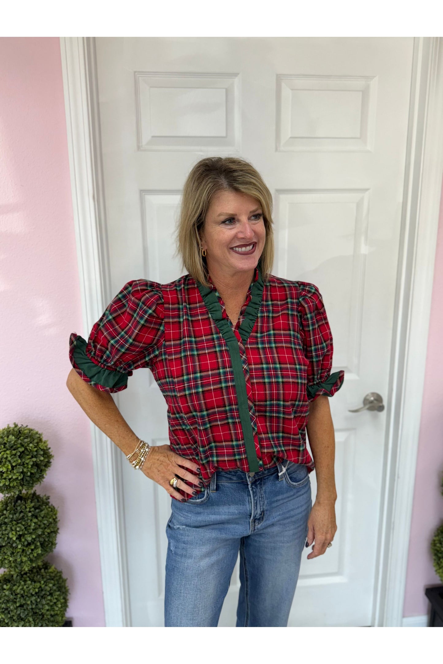Perfect Plaid Trimmed Blouse