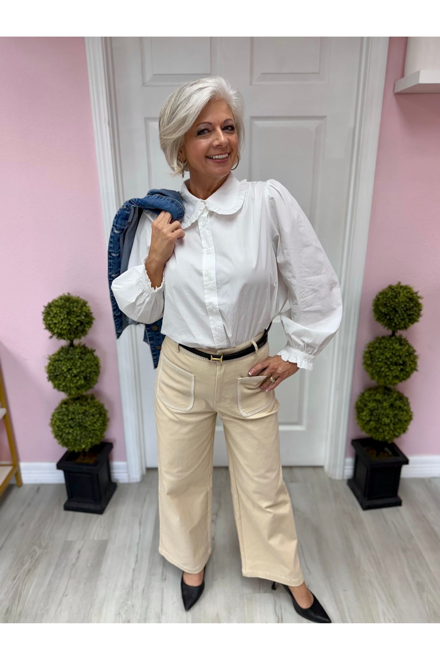 Cream Whip Stitch Wide Leg Pant