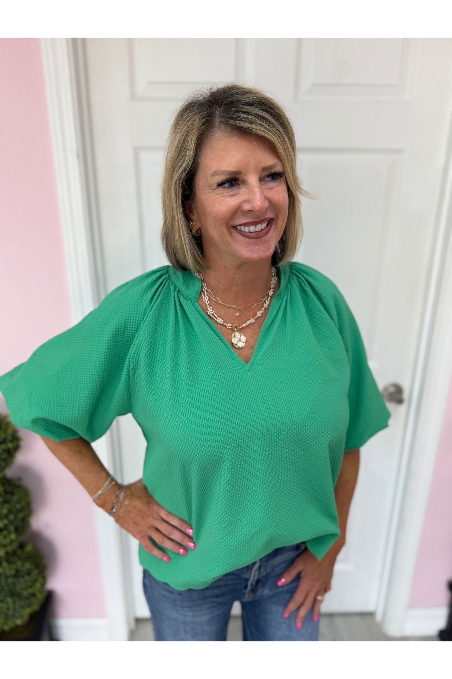 Chrissy Bubble Sleeve Seersucker Blouse