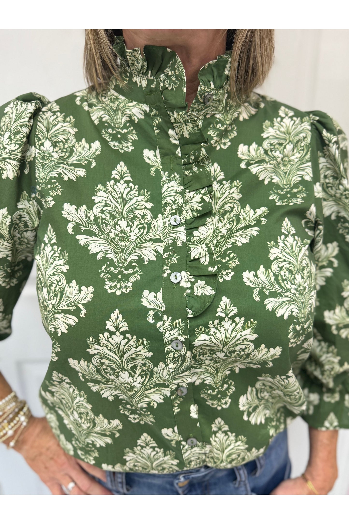 Green Baroque Ruffle Blouse