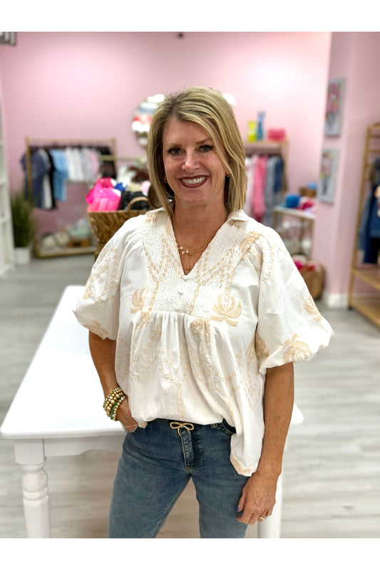 Boho Chic Palm Embroidered Blouse