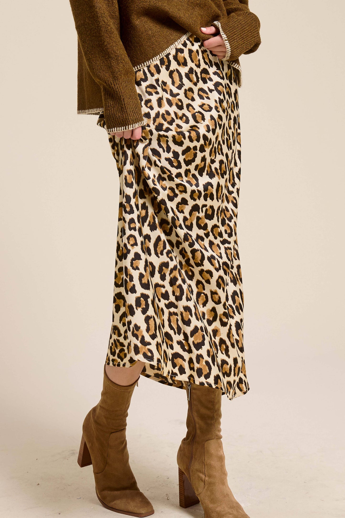 Satin Long Panel Leopard Skirt