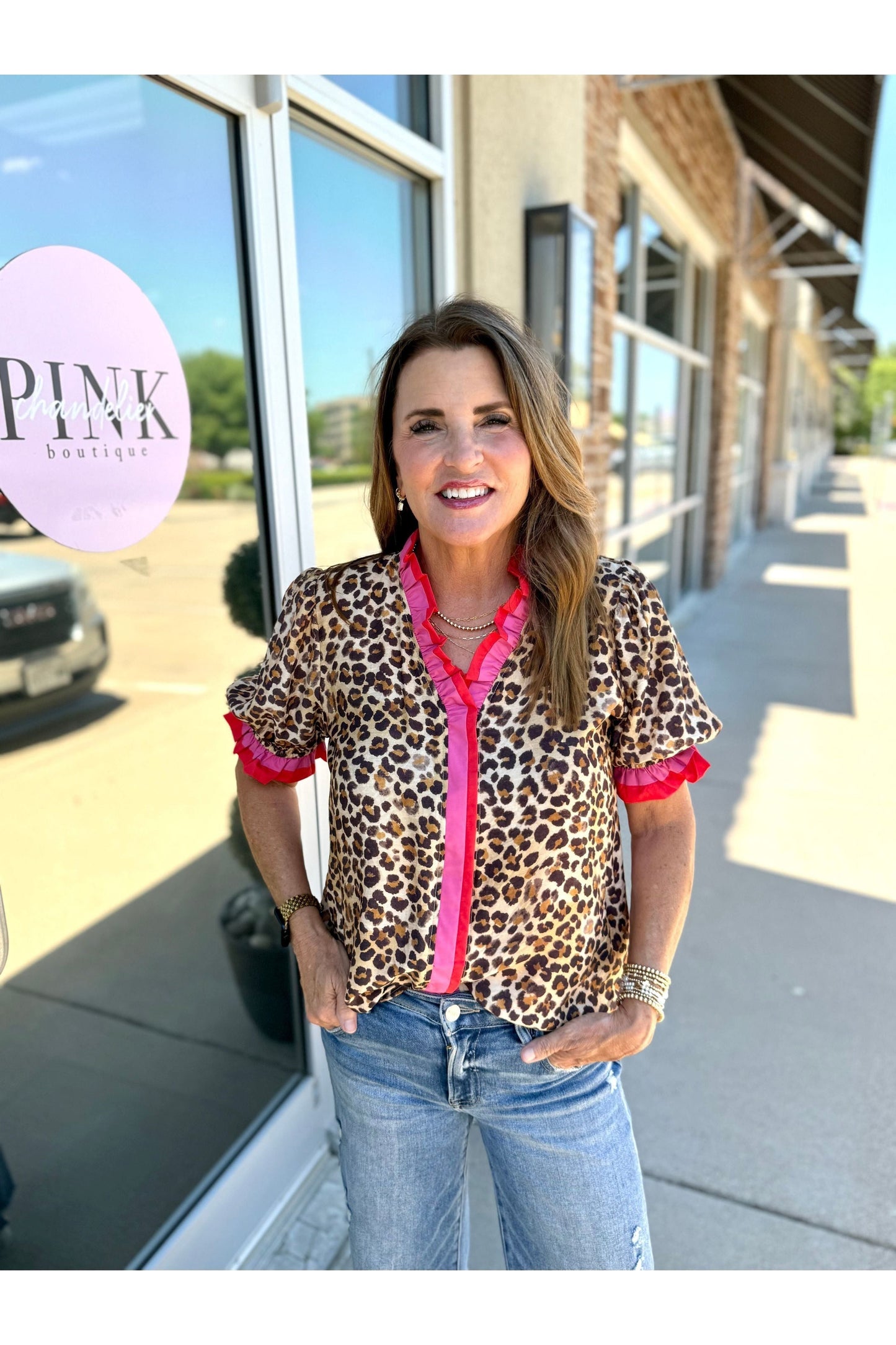 Leopard Blouse w/Red and Pink Accents
