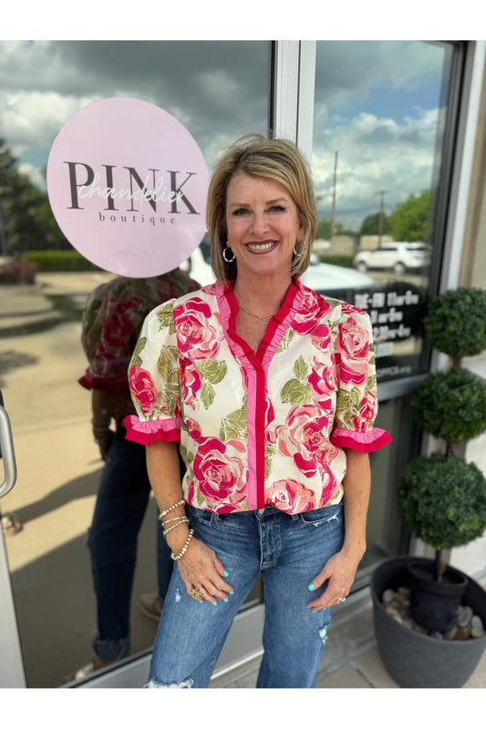 Prim & Proper Contrast Striped & Floral Blouse