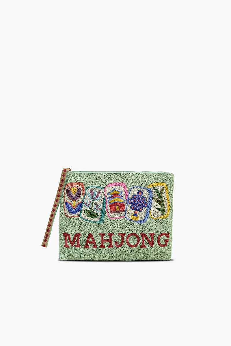 Mahjong Luxe Fully Hand-Beaded Top Zip Clutch