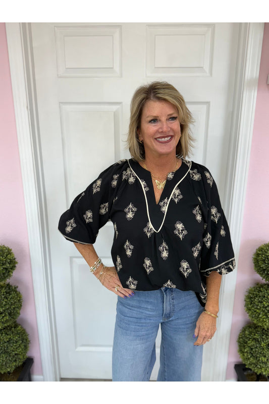 Embroidered Balloon Sleeve Blouse