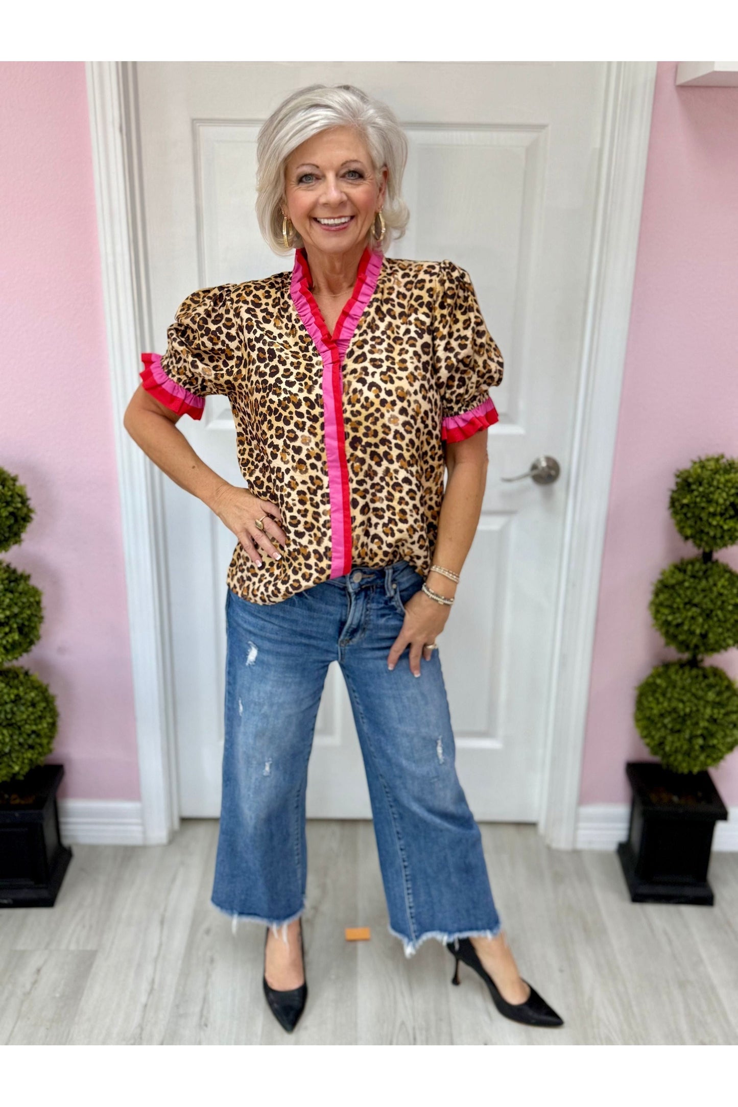 Leopard Blouse w/Red and Pink Accents