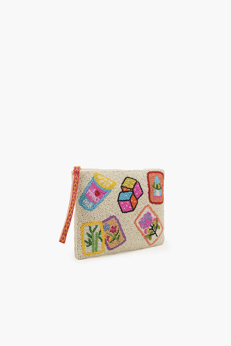Mahjong Glam Fully Hand-Beaded Top Zip Clutch
