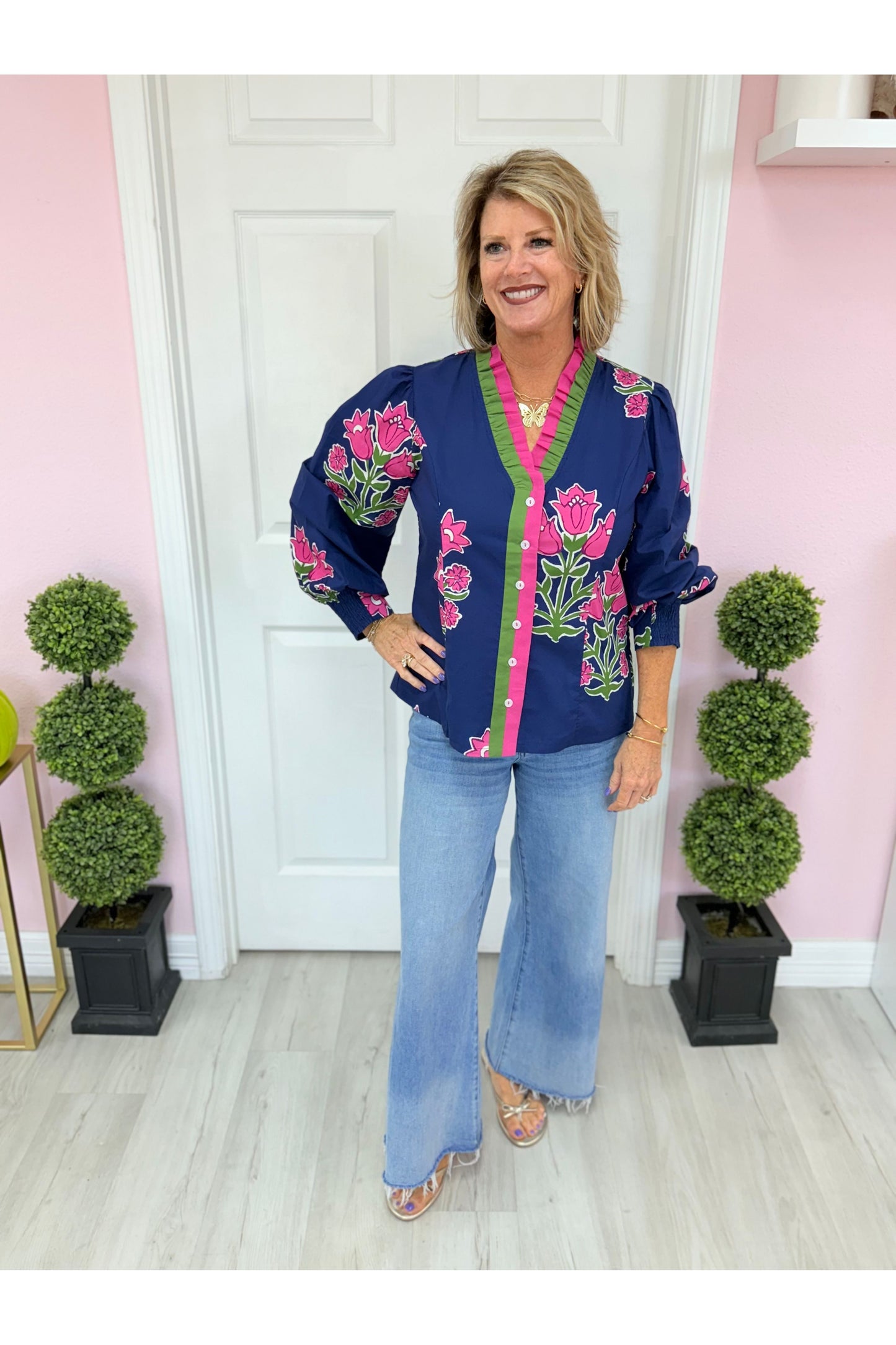 Christina Navy & Pink Floral Blouse