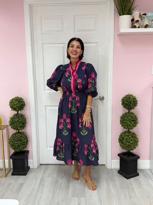 Navy Dress w/ Pink Floral Pattern