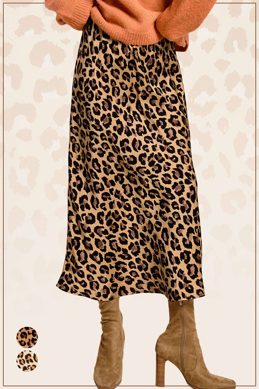 Satin Long Panel Leopard Skirt