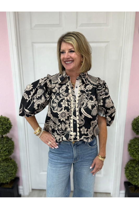 Black & Taupe Puff Sleeve
