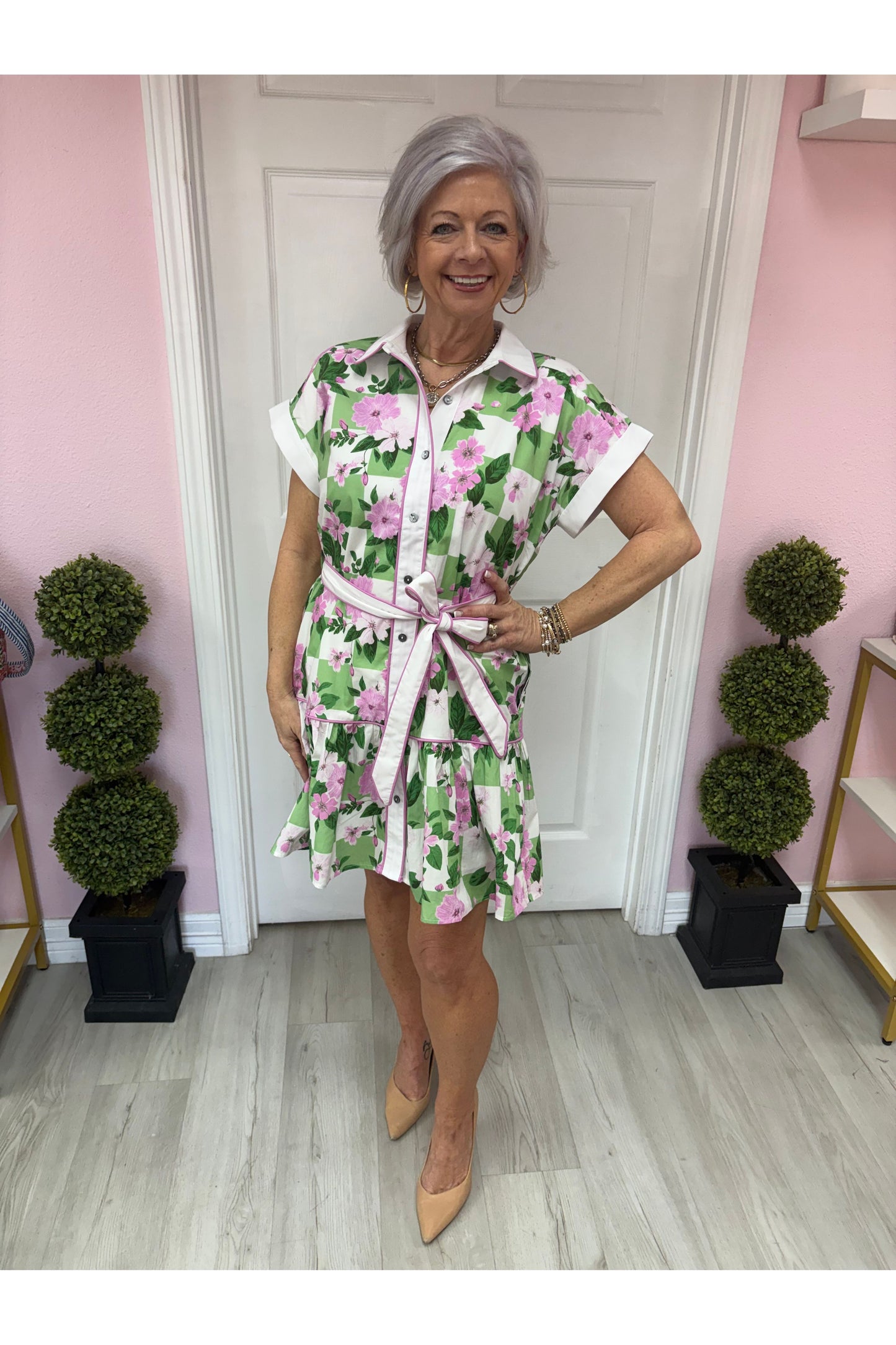 Botanical Print Belted Dress