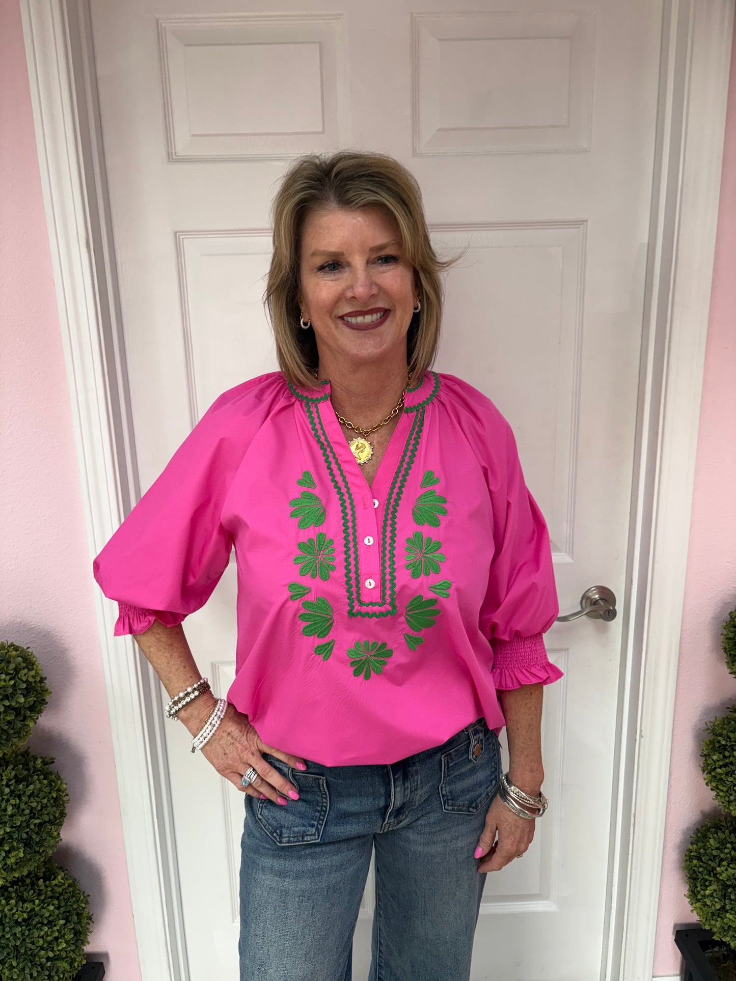 Liz 3/4 Sleeve Embroidered Floral Blouse