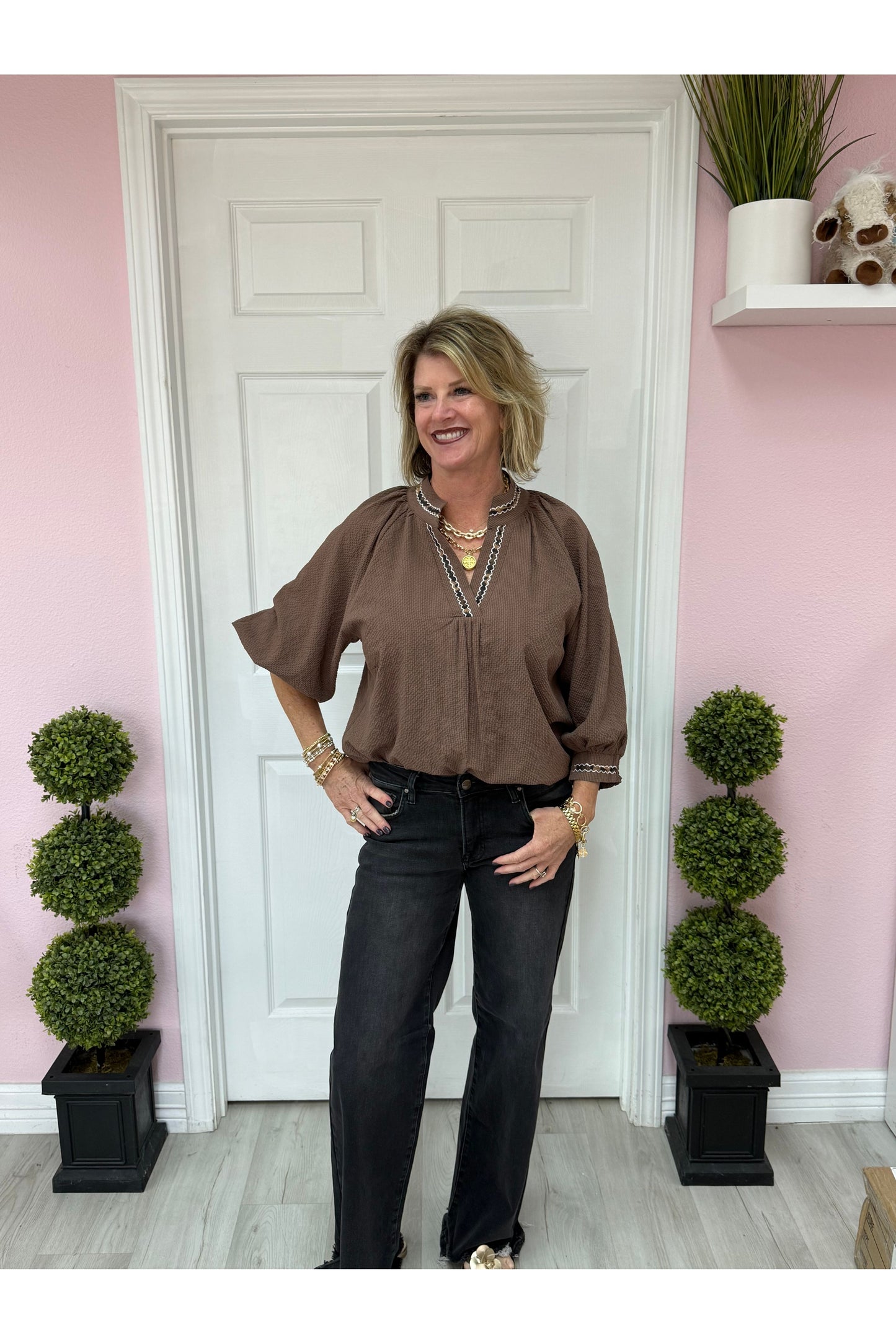 Solid Textured Blouse with Leopard Trim