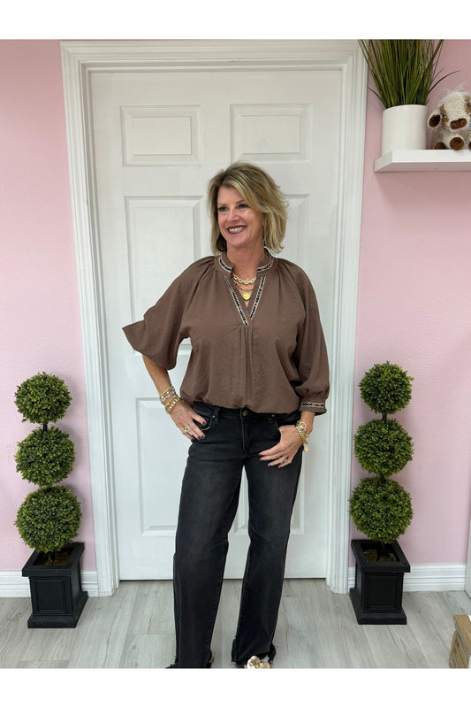 Solid Textured Blouse with Leopard Trim
