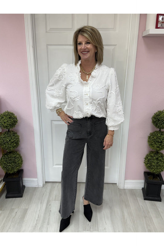 3/4 Sleeve 3D Floral Top