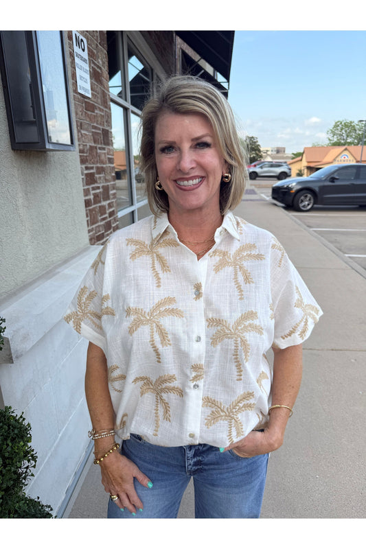 Collared Palm Tree Embroidered Button Up